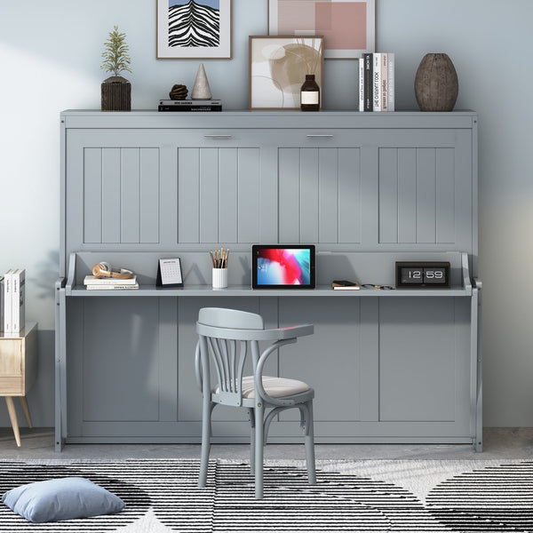 English Elm Full Size Murphy Bed With Hydraulic Lift & Integrated Desk For Space-Saving, Gray Pinewood Design N820S00032E