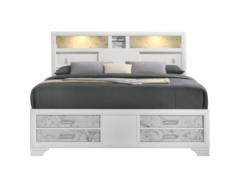 English Elm Soul Modern Full Bed with White Marble-Panel Drawers, LED Headboard Light, USB-C & Bluetooth Sound B009S01621