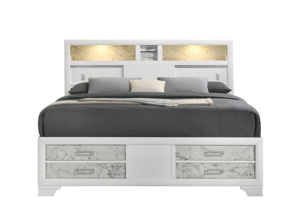 English Elm Soul Modern Full Bed with White Marble-Panel Drawers, LED Headboard Light, USB-C & Bluetooth Sound B009S01621