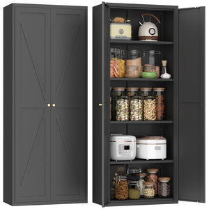 English Elm 2 Door Steel Pantry Cabinet Powder Coated Finish Gold Hardware Adjustable Shelves Tall Storage Black T3625P366653