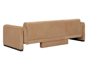 Sunpan Romer Sofa - Luxurious Nubuck Tan Leather with Distressed Brown Oak Legs for Cozy Living Spaces