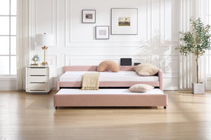 English Elm Upholstered Velvet Daybed with Pull Out Trundle Diamond Tufted Guest Bedroom Sofa Pink W1361S00066