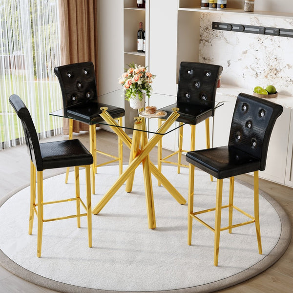 English Elm Modern Tempered Glass Pub Set with Gold Chrome Base and Black Pu Leather Stools W3875S00039