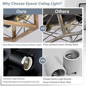 English Elm Wooden 4-Light Farmhouse Flush Mount Ceiling Light with Real Wood Frame & Ceramic Sockets, Black Finish W2738P185436