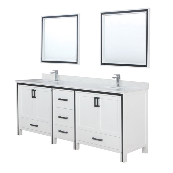 English Elm White Double Bath Vanity 84 in. W x 22 in. D with White Quartz Top, Chrome Faucet & Dual 34" Mirrors Durable B2731S01135