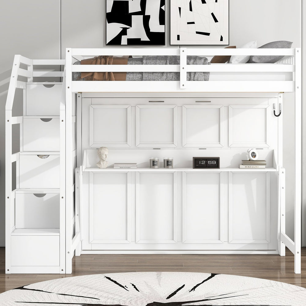 English Elm Full XL Loft Bed with Storage Staircase & Murphy Bed, Solid Pine, LED Light, Space-Saving White N7090004017K