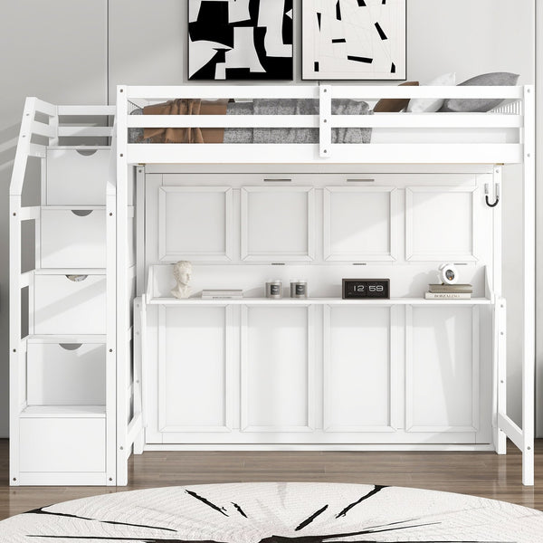 English Elm Full XL Loft Bed with Storage Staircase & Murphy Bed, Solid Pine, LED Light, Space-Saving White N7090004017K