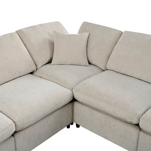 English Elm U_style Seven Seat Modular Sectional Chenille Sofa with Ottoman Pine Frame Living Room Beige WY000469AAA