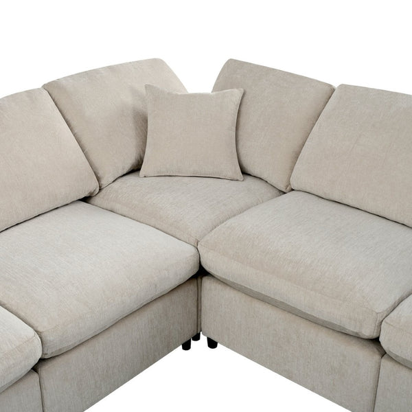 English Elm U_style Seven Seat Modular Sectional Chenille Sofa with Ottoman Pine Frame Living Room Beige WY000469AAA