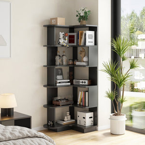 English Elm 5-tier Corner Bookcase L-shaped Freestanding Open Shelf Display for Home Office Black T3623P436781
