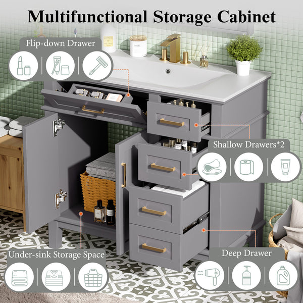 English Elm 36" Gray Modern Bathroom Vanity with Ceramic Sink, Solid Wood Frame, Soft-Close Doors & 4 Drawers N729P253935E