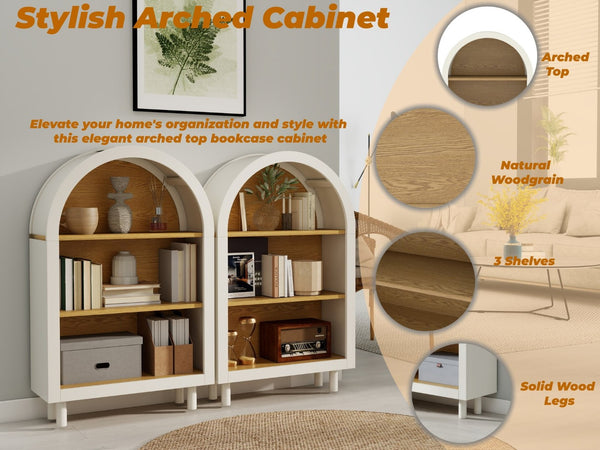English Elm Arched Bookcase Set of 2 Three Tier Mdf Shelving with Warm Woodgrain Accent W2557P475972