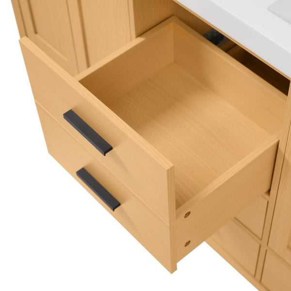 English Elm [video]59.3 Inch Wall Mounted Double Sink Vanity Wood Grain Mdf Soft Close Storage N729P000013O