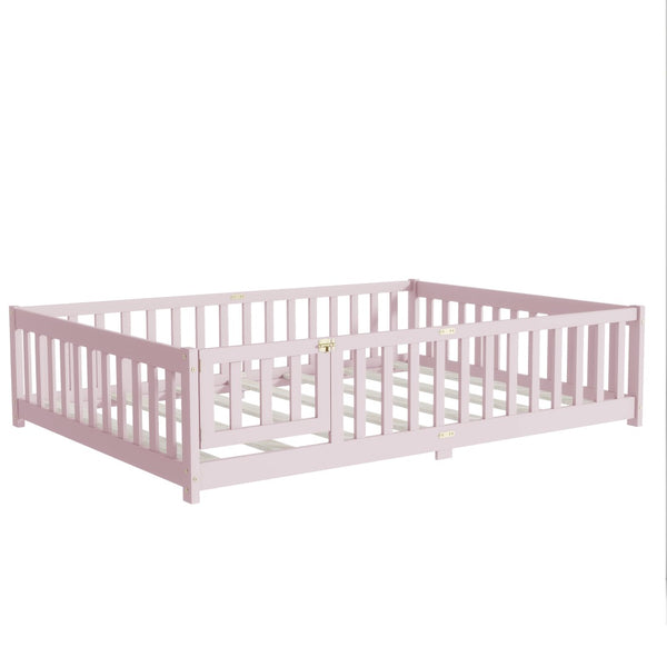 English Elm Full Size Rubberwood Floor Bed with Safety Guardrails and Latching Door for Toddlers Pink W504P429304