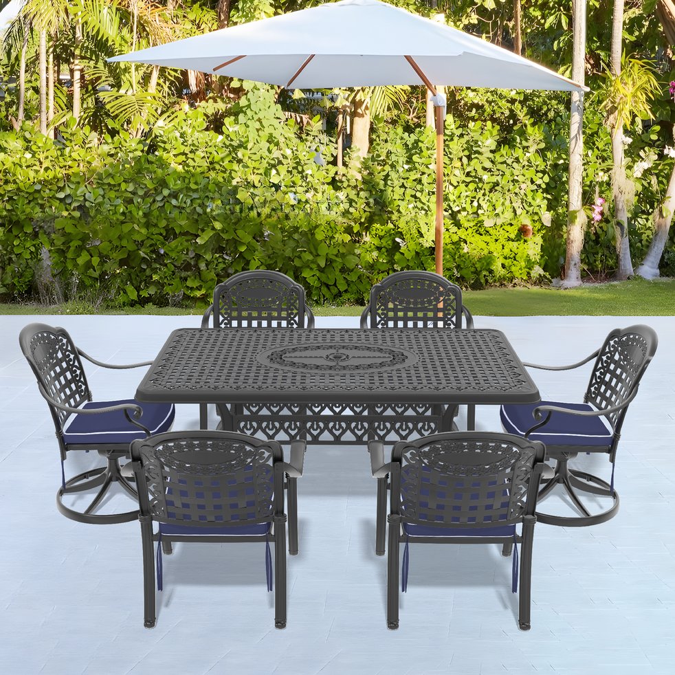 English Elm 7-Piece All-Weather Cast Aluminum Dining Set With Swivel Chairs And Cushions For Ultimate Comfort W1710S00377