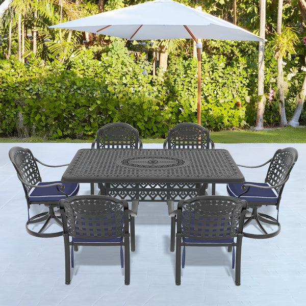 English Elm 7-Piece All-Weather Cast Aluminum Dining Set With Swivel Chairs And Cushions For Ultimate Comfort W1710S00377