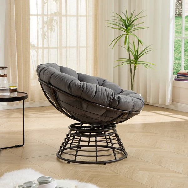 English Elm Comfortable Rattan Papasan Swivel Chair Overstuffed Cushion Bohemian Lounge Seating W640P443551