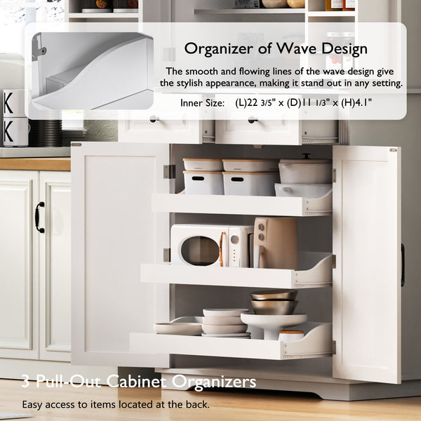 English Elm K&K 71" Tall Farmhouse Pantry Cabinet with Groove Edges, 3 Pull-Out Organizers, 6 Door Shelves White N707P256507W