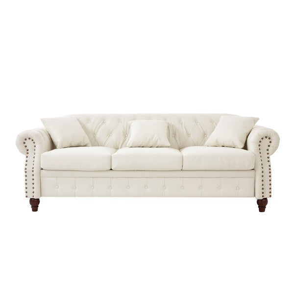 English Elm 85.8" Living Room Chesterfield Sofa with Storage Classic Tufted PU Upholstery Solid Wood Frame, 3-Seater Comfort Ivory White W1097S00150