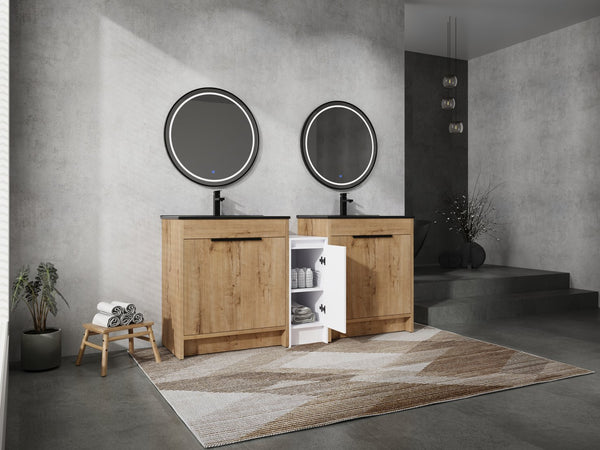 English Elm 72 Inch Freestanding Bathroom Vanity With Black Ceramic Sink, Soft-Close Doors & Ample Storage W999S00324