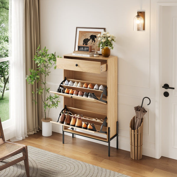 English Elm 2-door Rattan Front Shoe Cabinet Slim Wood Entryway Organizer with Drawer Open Shelf W5221P417193