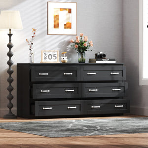 English Elm Modern Black 6-Drawer Side Cabinet with Metal Handles – Spacious Wood Storage Chest for Living Room Bedroom Entryway Organizer W331S00165