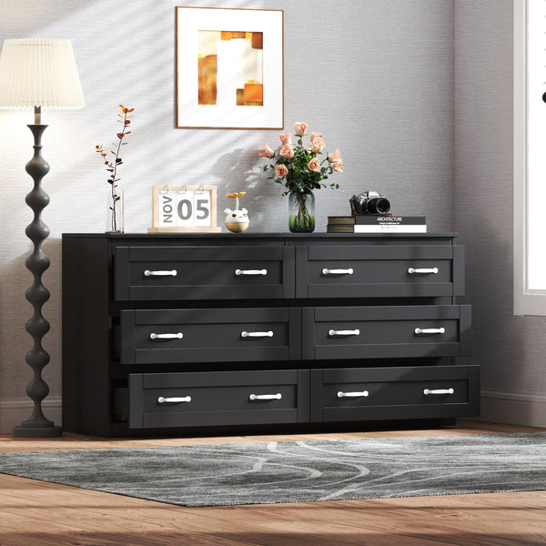English Elm Modern Black 6-Drawer Side Cabinet with Metal Handles – Spacious Wood Storage Chest for Living Room Bedroom Entryway Organizer W331S00165