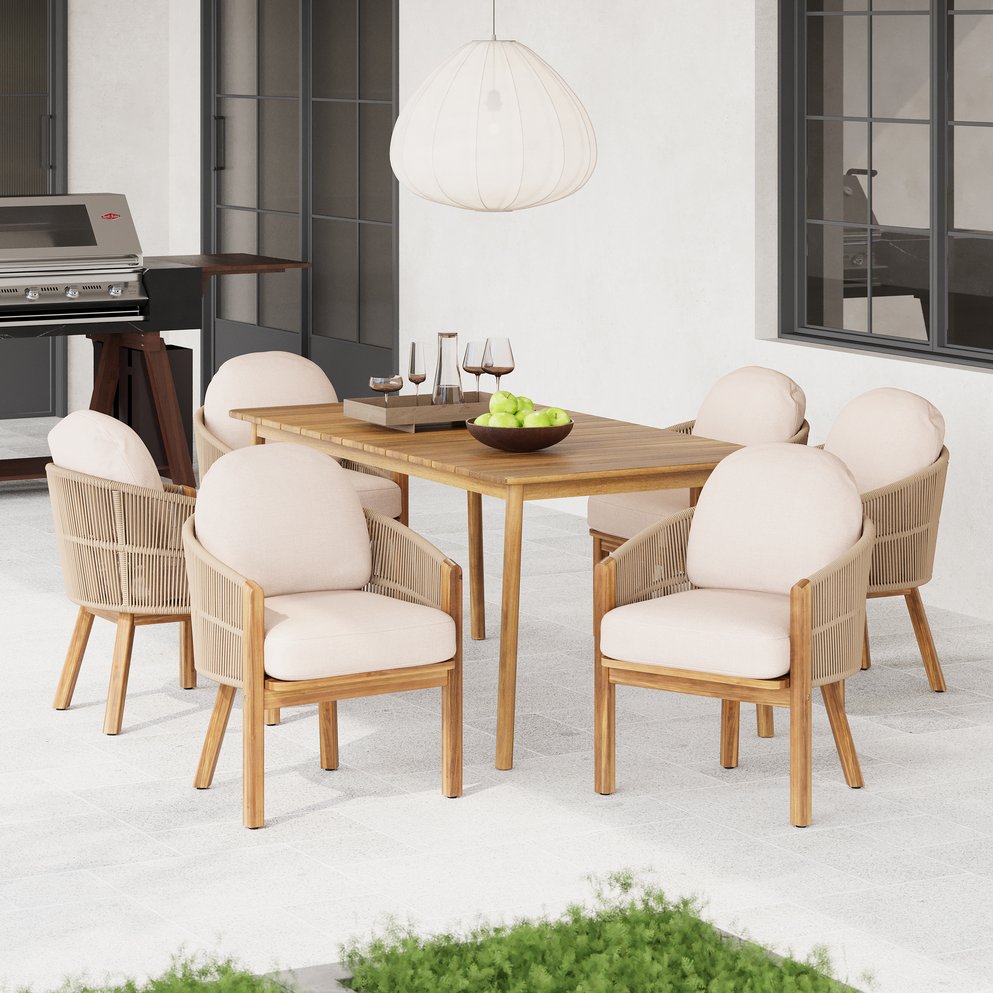 English Elm Christopher Knight Home® - Grotta Teak+ Beige 7PC Outdoor Dining Set with Woven Rope Backrests, Dumpling Cushions, Acacia Table GROTTA7PCDSET