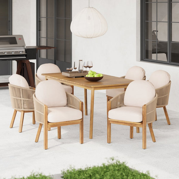 English Elm Christopher Knight Home® - Grotta Teak+ Beige 7PC Outdoor Dining Set with Woven Rope Backrests, Dumpling Cushions, Acacia Table GROTTA7PCDSET