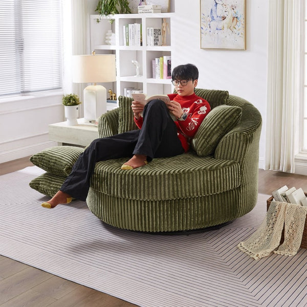 English Elm 360° Swivel Round Corduroy Lounge Chair Oversized Sculptural Seat for Living Room Green W3705S00038