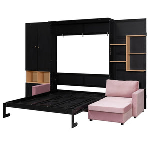English Elm Queen Murphy Wall Bed with Velvet Sofa Built in Shelves Cabinets and Reading Lights Black LP000393AAB