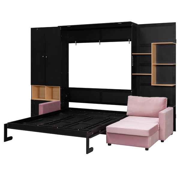 English Elm Queen Murphy Wall Bed with Velvet Sofa Built in Shelves Cabinets and Reading Lights Black LP000393AAB