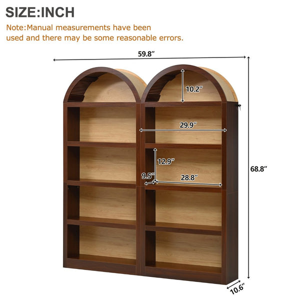 English Elm On-trend Farmhouse Two-tone Bookcase Set Arched Fabric Crown Open 5-tier Shelving Walnut N721P411205P
