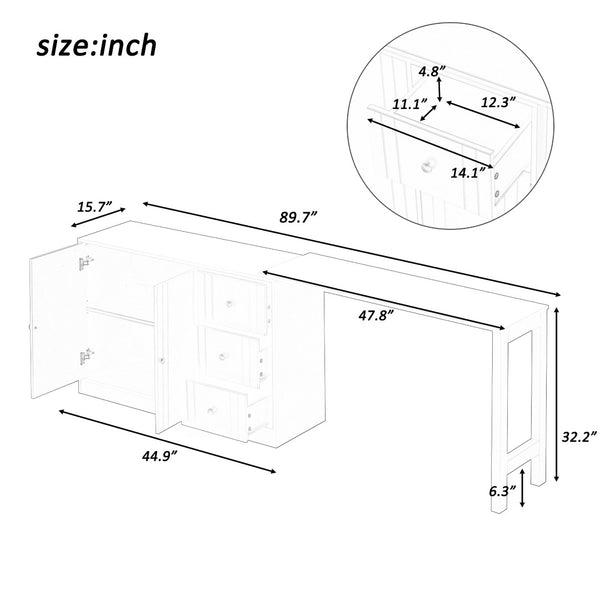 English Elm U_style Extendable Wooden Sideboard with 3 Drawers and 2 Doors for Entryway Living Room N711P334768O