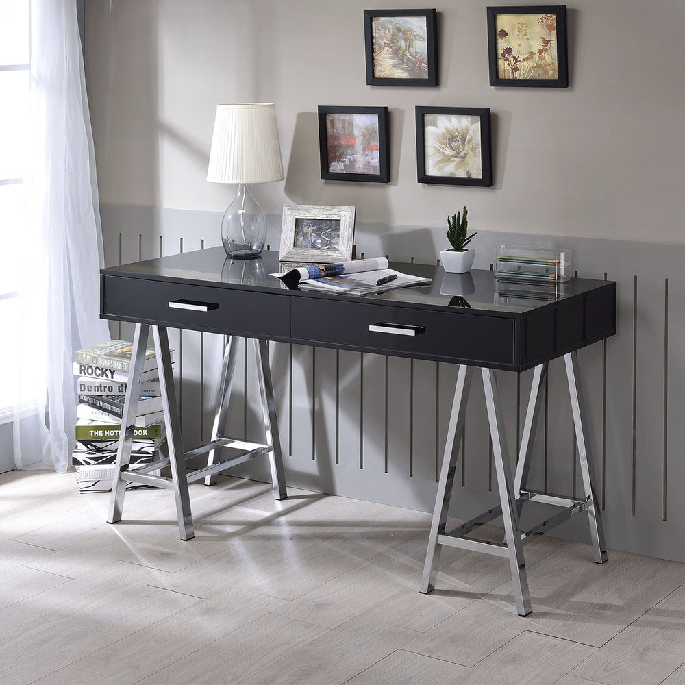English Elm 2 Modern Writing Desk with 2 Drawers, Black High Gloss Top and Chrome Sawhorse Base for Home Office Elegance B016P311299