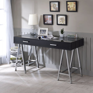 English Elm 2 Modern Writing Desk with 2 Drawers, Black High Gloss Top and Chrome Sawhorse Base for Home Office Elegance B016P311299