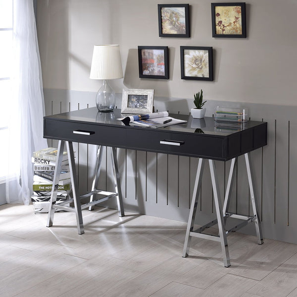 English Elm 2 Modern Writing Desk with 2 Drawers, Black High Gloss Top and Chrome Sawhorse Base for Home Office Elegance B016P311299