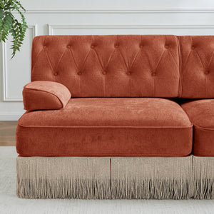 English Elm 135" Chesterfield Velvet Sectional with Tufted Back Tassel Skirt and Modular Living Room Design Red+Brown W714S01726