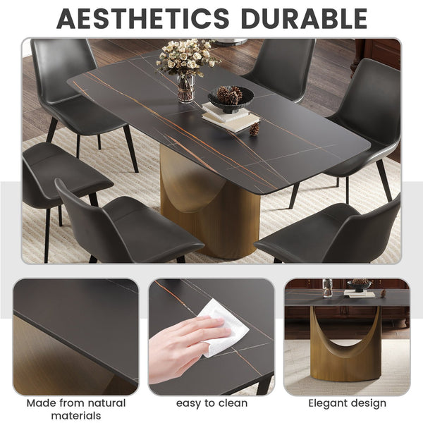 English Elm 63" Modern Artificial Stone Dining Table With Curved Black Panel And Bronze Iron Legs For 6-8 People W1535S00550