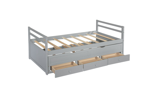 English Elm Twin Twin Size Bed with Trundle and Three Storage Drawers, Space-Saving Pine Frame with Classic Headboard Grey W504P197161