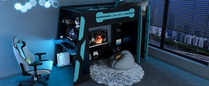 English Elm Twin Gaming Loft Bed with Desk Rgb Lighting and Multi-tier Shelves for Teen Rooms Blue LT000160AAC