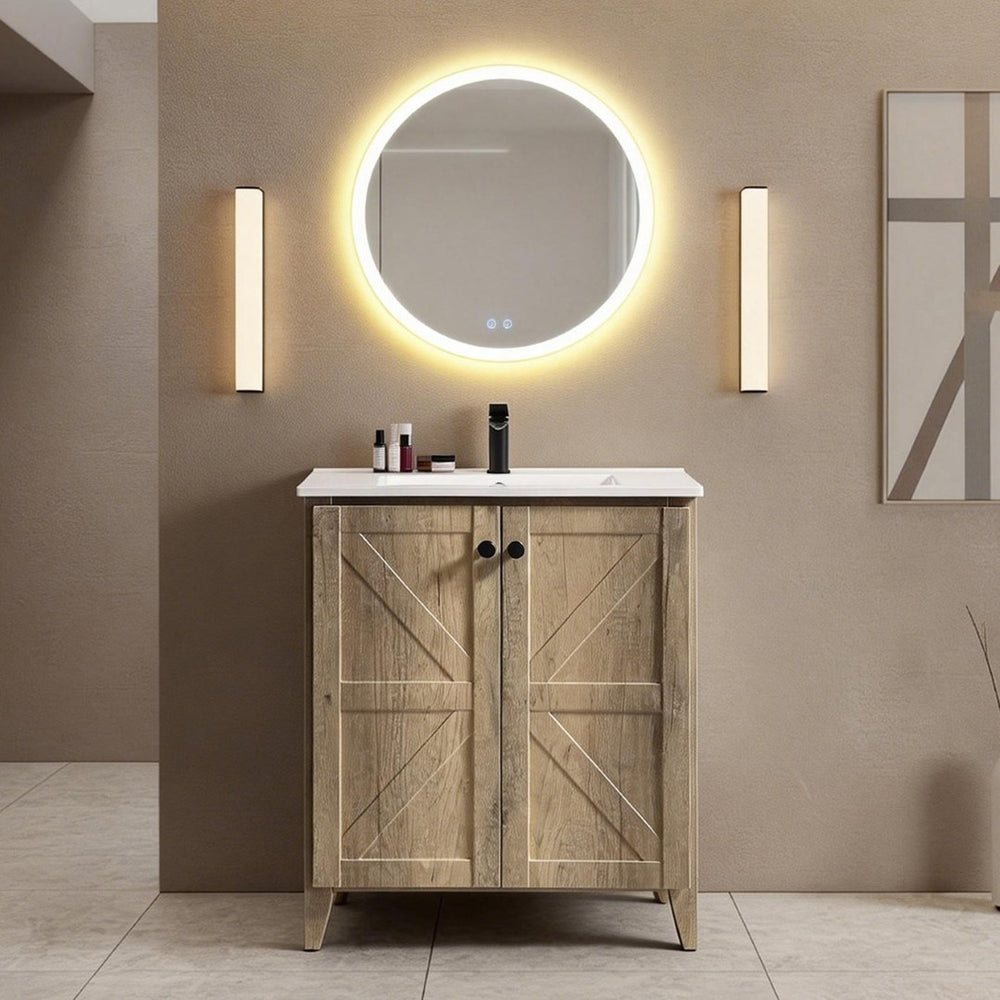 English Elm 30 Inch Floating Bathroom Vanity Fluted Wood Grain Front with Ceramic Integrated Sink Antique Grey W3520S00032