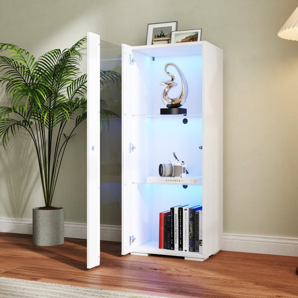 English Elm Storage Cabinet with Aluminum LED Strip Light and Glass Shelves Wall or Floor Mount Space-Saver W331P251042