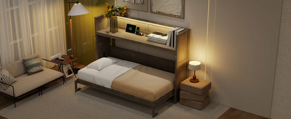 English Elm Twin XL Murphy Bed with Desk, LED Lighting and USB Charging Station — Space-Saving Solid Pine Design Gray Wash N7090005001N