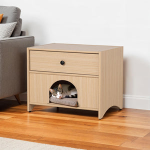 English Elm Mid-Century Minimalist Side Table with Pet Nook, Drawer & Shelf in Natural Wood Finish, 22"W x 18"H B2741P395426