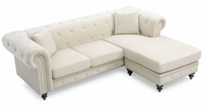 English Elm Nola Velvet Tufted Sofa Chaise with Nailhead Trim, Pocketed Coil Cushions and Turned Wood Legs Ivory 14 L x 27 W x 72 H B078S00012