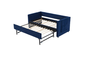 English Elm Twin Velvet Upholstered Daybed with Trundle, V-Pattern Backrest, USB Port, Side Pockets, Sturdy Design Navy W1361S00044