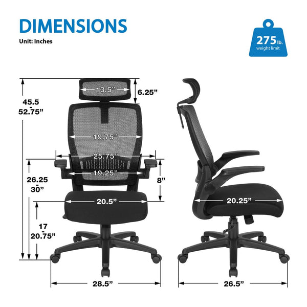 OSP Home Furnishings Mesh Back Ergonomic Manager Chair with Adjustable Headrest Lumbar Support for Home Office EM65151HR-3