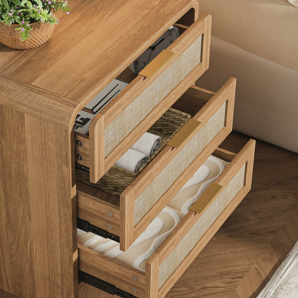 English Elm Rattan Drawer Nightstand Set with Built-in Charging Station and Open Shelf Bedroom Storage Caramel W1820P410559