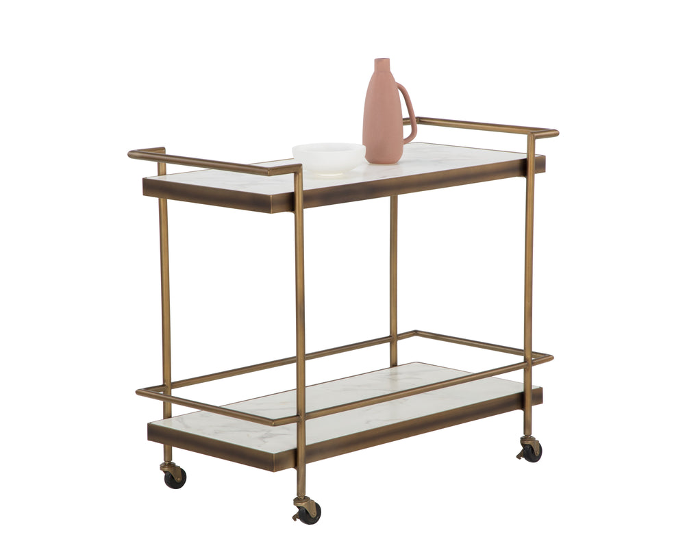 Sunpan Contardi Bar Cart - Elegant Rustic Bronze Frame with Marble-Look Concrete Shelves for Indoor/Outdoor Use